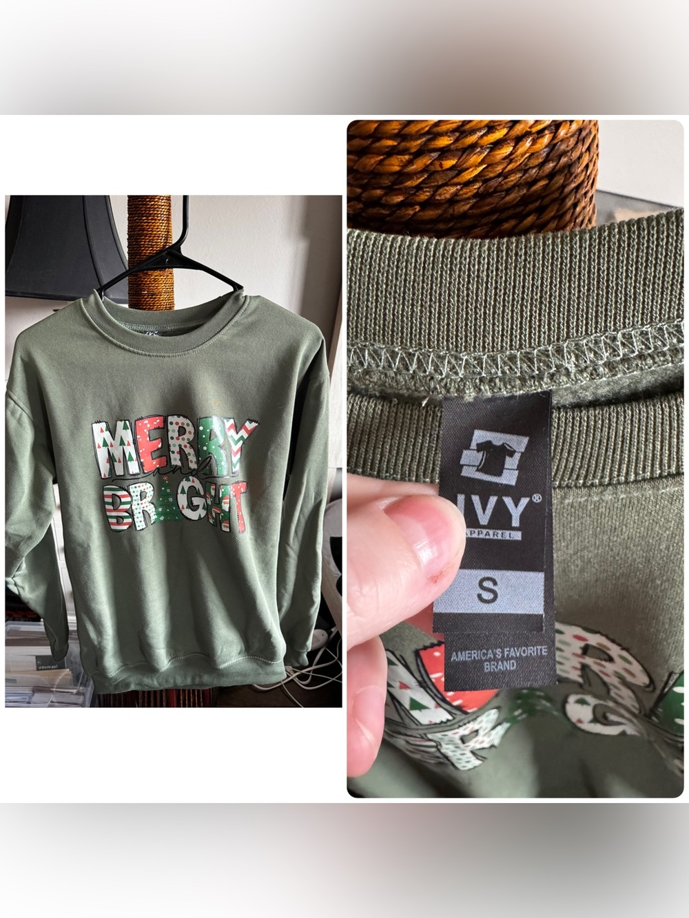 Olive Green "Merry & Bright" Crewneck Sweater - women